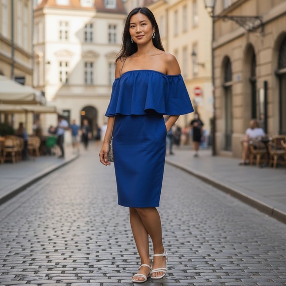 Strapless Blue Ruffle Dress Size L Rolla Coster Rayon Blend - Picture 2 of 8